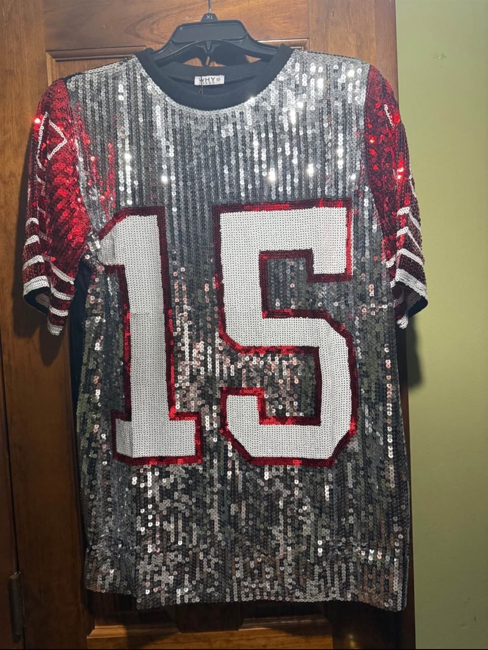K C Chiefs Sequin Football Jersey Tee/ Dress  with Number 15 - Silver & Red